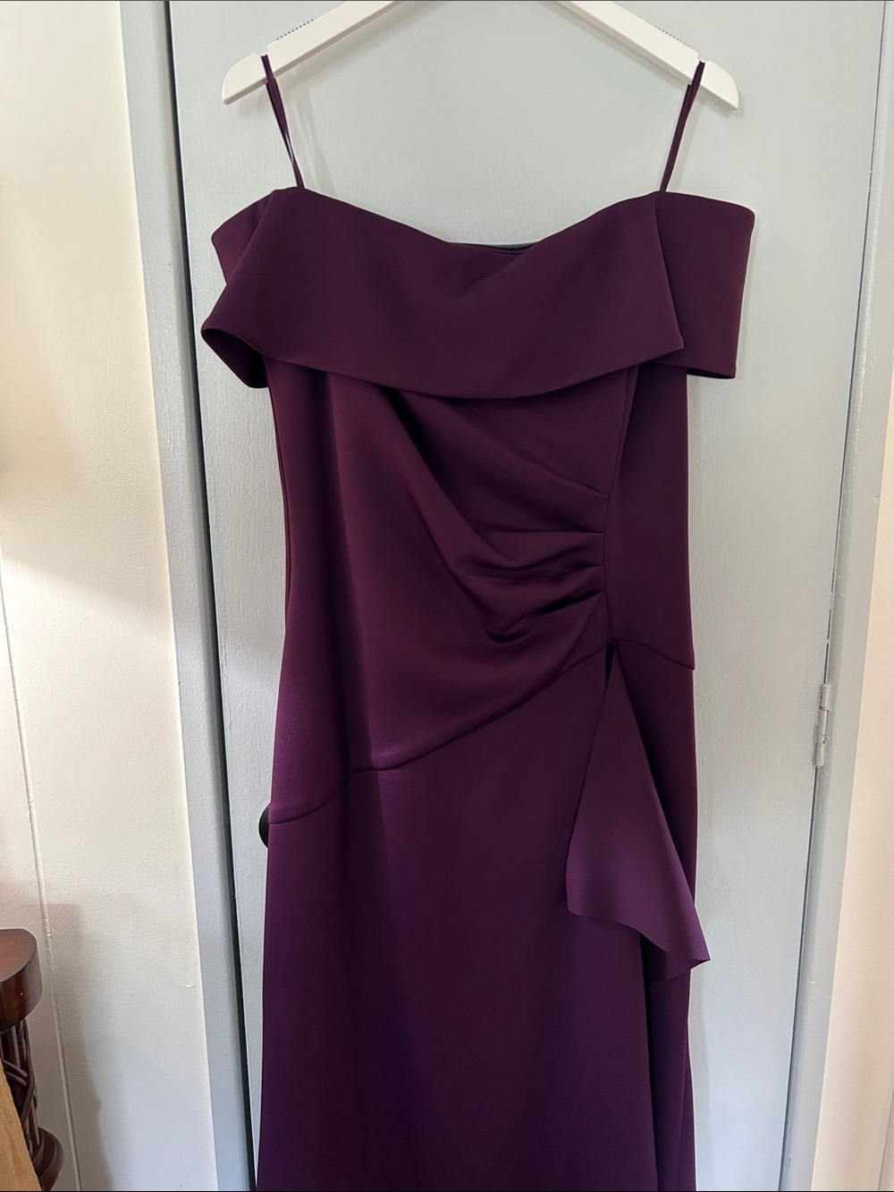 Xscape off Shoulder Ruffle Evening Gown in Plum